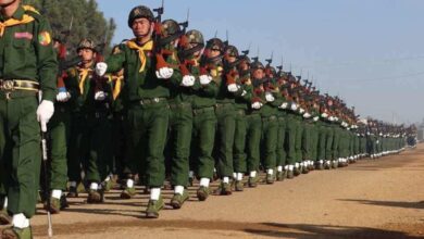 Members of the Kawnghka militia take part in a military parade in 2016 (KDA)