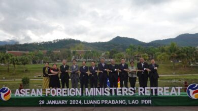 Marlar Than Htike (far left) attends the ASEAN Foreign Ministers’ retreat as a representative of the Myanmar junta (Photo: ASEAN).