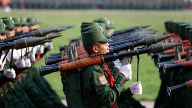 UWSA soldiers carry rocket-propelled grenade launchers during a military parade in Panghsang in the Wa Self-Administered Division in April 2019 to mark the 30th anniversary of the UWSA’s founding (Lynn Bo Bo / EPA-EFE)