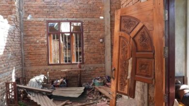 A house sits in ruins after being hit by an airstrike on the village of Weygyi Dunk in Rakhine State’s Kyauktaw Township on January 17 (Myo Naing Oo)