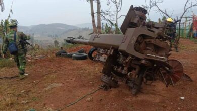 Heavy weapons are seen overturned after the KIA capture of the junta’s Infantry Battalion 123 base in Namphetka village tract in Kutkai Township on January 24 (KIA Information Department)