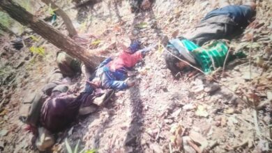 The bodies of some of the seven civilians murdered by junta troops in Karenni State’s Shadaw Township on February 4 (Supplied)