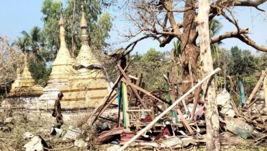 An AA fighter seen after the airstrike on Nyaung Kan village, Myebon Township, on Friday afternoon (APM)