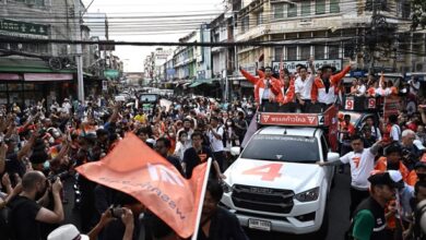 Move Forward Party leader Pita Limjaroenrat, a candidate for Thai prime minister at the time, leads a victory parade with fellow party members and supporters on May 15, 2023. Thailand's election commission said on March 12, 2024 that it will ask Thailand’s Constitutional Court to dissolve the reformist party, which won the plurality of parliamentary seats in last year's election. (Photo: Lillian Suwanrumpha/AFP)