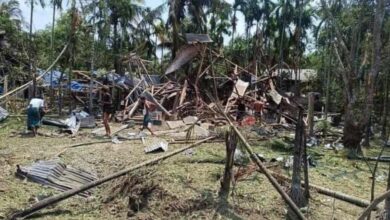 Local people look for victims of the junta’s airstrikes on the village of Sin Gaung in Rakhine State’s Thandwe Township on June 4 and 5 (Dwayarwad Community Base News Agency)