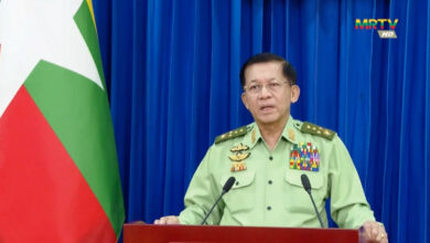Senior General Min Aung Hlaing addresses the nation via state-run MRTV on Tuesday, August 6, 2024 (Screenshot of the video clip)
