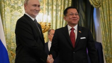 Myanmar junta chief Sen-Gen Min Aung Hlaing and Russian president Vladimir Putin shake hands during a meeting in Russia in March, 2025 (AFP)