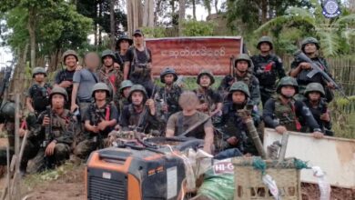 Fighters of the Karen National Liberation Army and Karen National Defence Organisation—both armed wings of the KNU—and the People’s Defense Force (PDF) at east of Hteekapalae outpost (Photo - KNU Facebook)