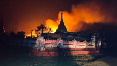 Buildings burn after a junta airstrikes on a village in Mandalay Region’s Natogyi Township on March 22 (Photo: Natogyi Journal)