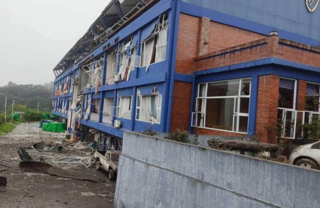 Golden Butterfly Hotel in Mogok, Mandalay Region, with damage from a junta bombing raid (Photo: Supplied)