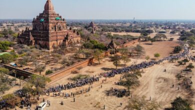 Residents protesting the 2021 coup at the UNESCO-listed ancient cultural site of Bagan on February 11, 2021. (Photo: AFP)