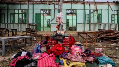 Students' bags are kept in front of a school building damaged in a bombardment carried out by Myanmar's military at the Ohe Htein Twin village in Tabayin township, Sagaing Region, on May 12, 2025. (Photo: AFP)
