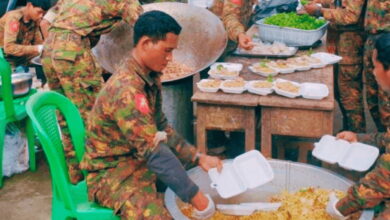 Pro-junta Telegram channels have posted videos of junta soldiers preparing and handing out food to the locals in Nawnghkio, northern Shan State (Still video image: Telegram)