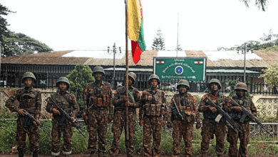 Myanmar junta troops are photographed after retaking Shan State’s Nawnghkio Town in early July, 2025. (Photo: Telegram)