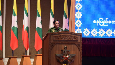 Caption: Myanmar junta leader Min Aung Hlaing addresses members of his regime on July 30 (Photo: State media)