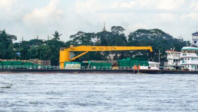 Some vessels in the junta flotilla, shown travelling up the Chindwin River in the second week of July (Photo: Supplied)