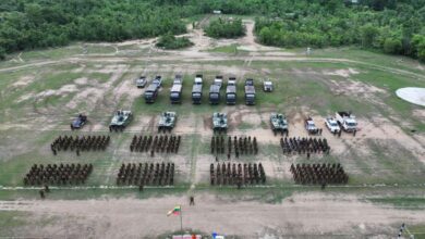 A training graduation ceremony for junta-trained Pyu Saw Htee or “people’s militias” in Kanbalu Township, Sagaing Region in October 2024.
