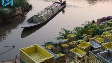 Goods being carried across the Moei River between Myawaddy and Mae Sot in April 2024 (Photo: Myanmar Now)