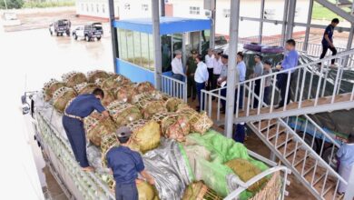 Bago Region’s junta-appointed chief minister and other officials at the Nyaung Khar Shey checkpoint on July 17 (Photo: State media)