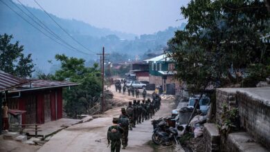 Ta’ang National Liberation Army (TNLA) fighters in March 2023 in Namhsan, northern Shan State, a town located within territory traditionally claimed by the group. While the Myanmar junta officials has demanded that the Ta’ang army return most towns under its control to the military, they have not insisted on the return of Namhsan or Manton (Photo: AFP)
