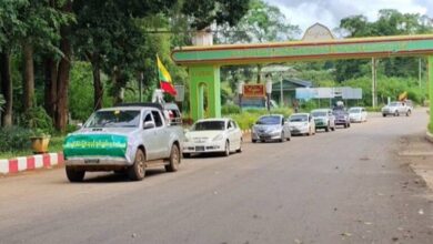 Army vehicles are seen entering Kyaukme on October 3, soon after the town was recaptured by Myanmar’s military (Photo: Pro-regime social media accounts)