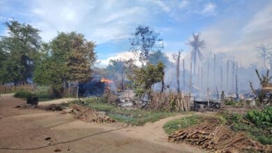 Burned homes and widespread destruction are seen in Htantapin village, Kanbalu Township, Sagaing Region, following a junta raid on the morning of October 9, 2025. Soldiers and pro-junta militia members torched more than 130 houses during the attack. (Photo: Supplied)