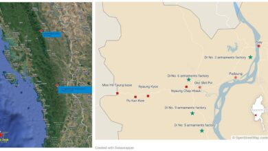 Maps of Bago and Magway regions (L), and of the military situation in Bago Region’s Padaung Township (R)