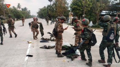 PDF members pictured following an attack on two junta vehicles along the Paukkhaung–Oktwin highway in Bago Region on March 25, 2025 (Photo: NUG/MOD)