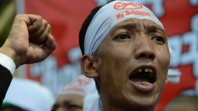 A demonstrator at an anti-Rohingya rally outside the United States Embassy in Yangon on April 28, 2016. A genocide case against Myanmar, related to a wave of anti-Rohingya violence that peaked in 2017, is currently being heard in the International Court of Justice in the Hague (Photo: AFP)