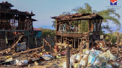 Multiple buildings were destroyed in an airstrike on Tlanglo village, Thantlang Township, Chin State on April 27, 2023. (Chinland Information Center)