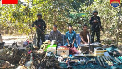 Prisoners of war and weapons and ammunition seized during the assault on a junta camp in the village of Oemyatu on December 30 (Photo: Naypyitaw PDF)