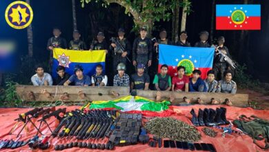 Resistance forces pose with prisoners and seized weapons following two days of clashes that began in Tanintharyi Region’s Dawei Township on February 16 (Photo: Duraka Column)