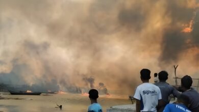Smoke drifts over the village of Kyauk Ni Maw, Ramree Township, Rakhine State, after regime forces bombed the area, killing 41 people in January 2025. (Supplied)