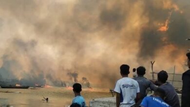 Smoke drifts over a village in Rakhine State’s Ramree (Yanbye) Township after a bombing raid by regime forces that killed 41 people in January 2025. (Supplied).