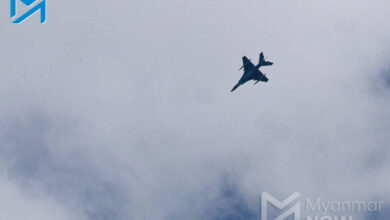 A junta fighter jet flies over the town of Namhkan in northern Shan State in December 2023 (Photo: Myat Pan / Myanmar Now)