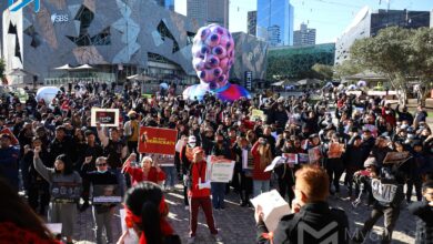 Members of Myanmar’s diaspora community protest against the military junta in downtown Melbourne, Australia, in 2022 (Myanmar Now)