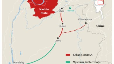 Northern Shan State’s main trade routes to China, where control is divided between the Myanmar military and the Kokang armed group. The corridors from Lashio to Muse and Chinshwehaw handle the majority of cross-border trade. (Map: Myanmar Now)