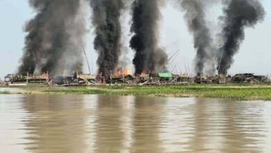 Gold mining rafts burn on the Thapanseik Dam reservoir following Sunday’s airstrikes (Photo: Infinity Group)