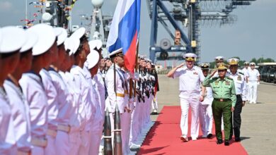 Myanmar coup leader Min Aung Hlaing welcomes Adm. Nikolai Yevmenov, commander-in-chief of the Russian Navy, at Thilawa Port in Yangon ahead of the first Myanmar-Russia Maritime Security Exercise in November 2023. (Photo: Myanmar junta )