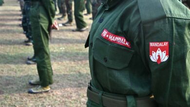 Deserters in the Mandalay People’s Defence Force (MDY-PDF) were observed at a surrender ceremony at Mandalay Palace on March 19, 2026 (Photo: AFP)