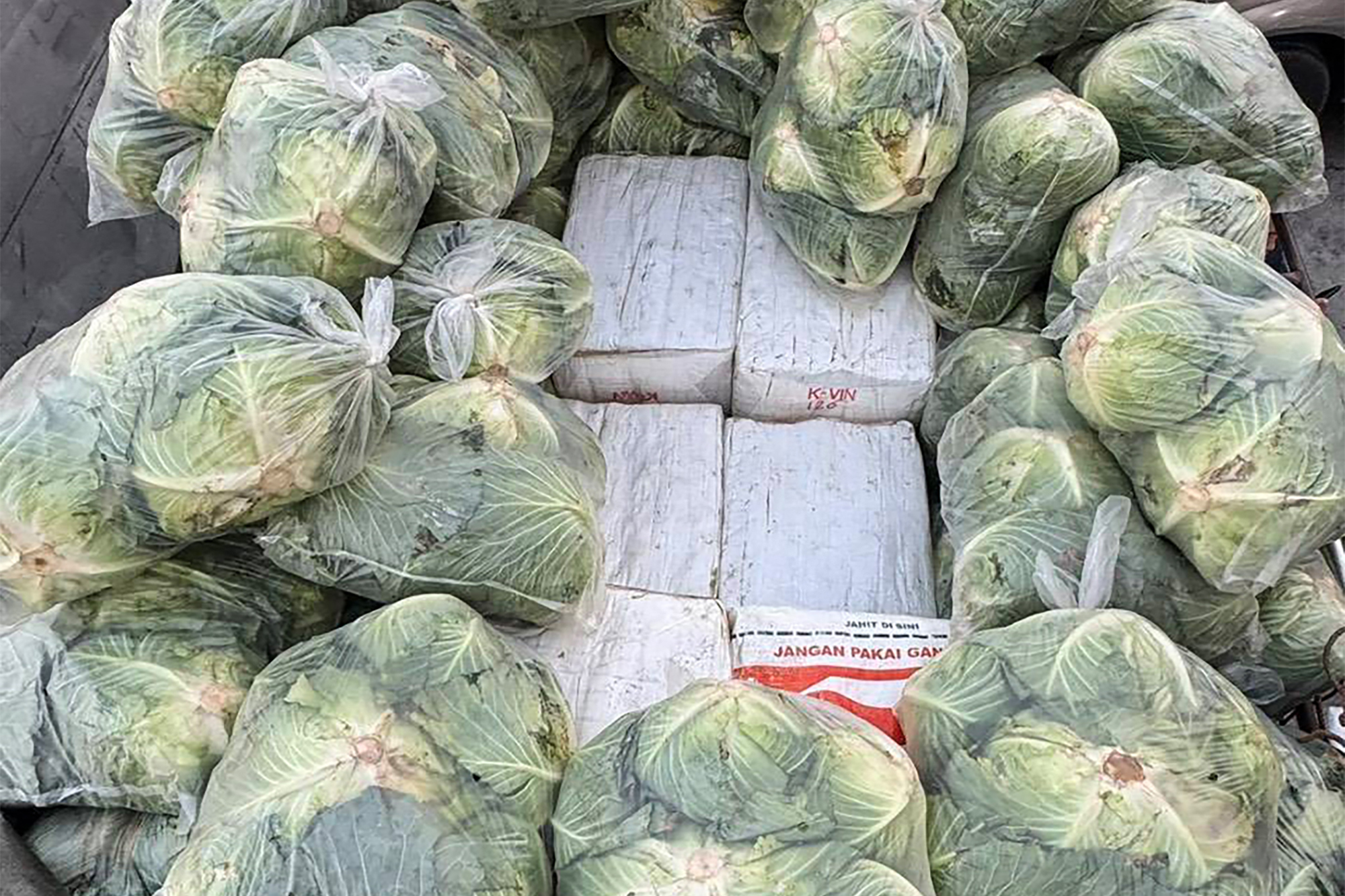 Thai police discovered boxes containing ketamine and crystal methamphetamine buried under cabbages in the bed of a pickup truck in Ayutthaya province, Thailand in early April, 2026. (Photo: AFP)