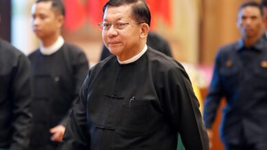 Min Aung Hlaing at an earthquake anniversary ceremony in Naypyitaw on March 28, less than a week before being named president on April 3 (Photo: EPA)