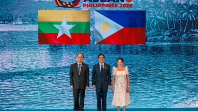 Hau Khan Sum, permanent secretary of the Myanmar regime’s foreign ministry (left), with Philippine President Ferdinand Marcos Jr. and his wife at the 48th ASEAN summit in Cebu, the Philippines, on May 8 (Photo: Ezra Acayan / AFP)