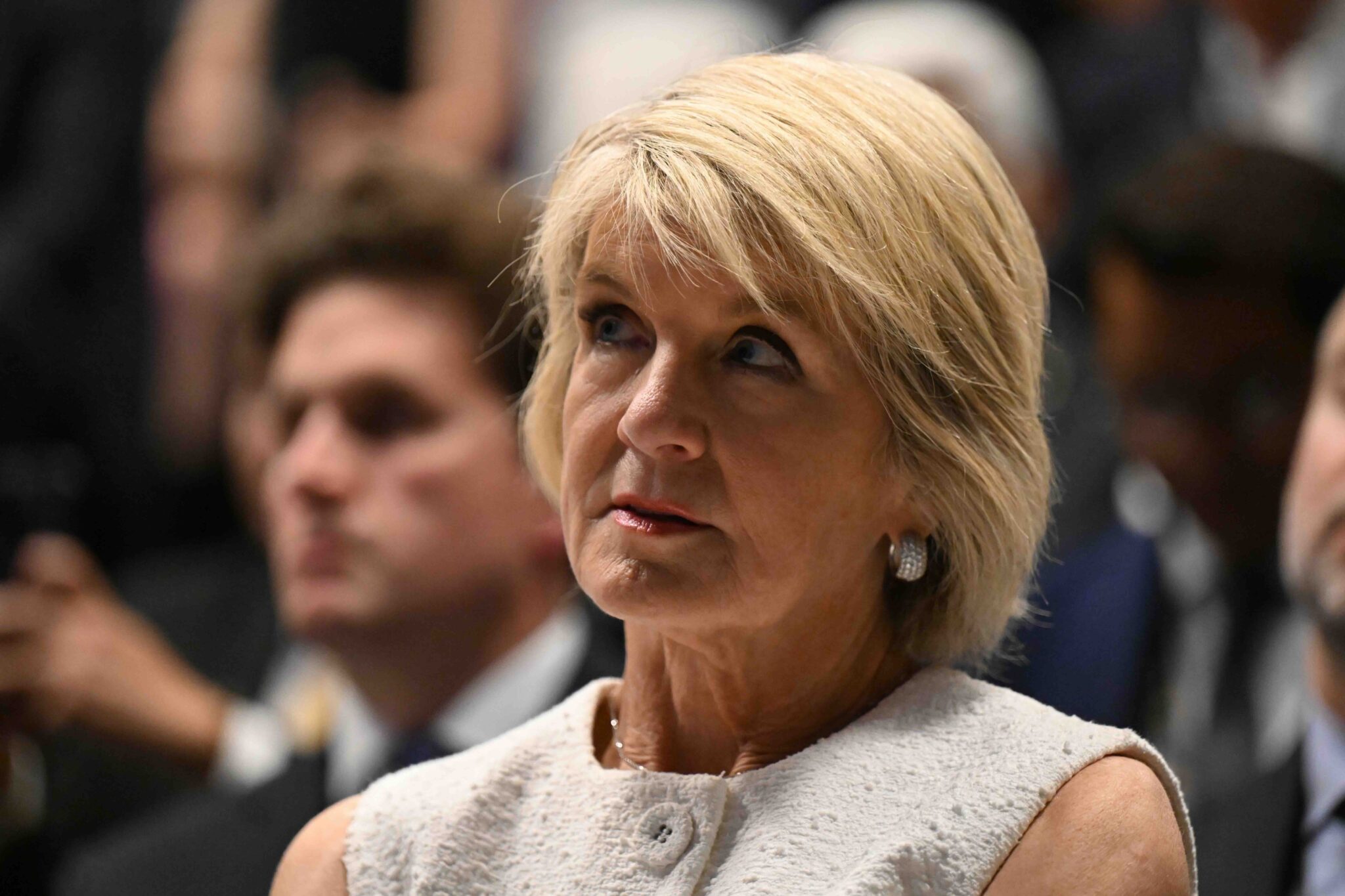 Julie Bishop, the UN special envoy on Myanmar, listens as Malaysian Prime Minister Anwar Ibrahim speaks at the Australian National University in Canberra on March 7, 2024 (Photo: EPA)
