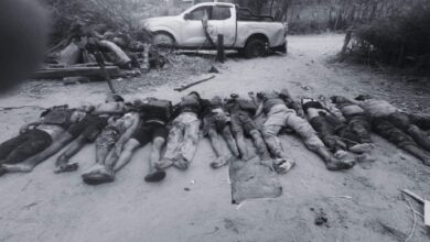 The bodies of resistance fighters killed in an ambush in Mandalay Region’s Taungtha Township on May 4 (Photo: Pro-regime social media accounts)