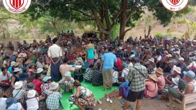 The NUG distributes aid among displaced residents of Bago Region’s Nattalin Township in May of this year (Photo: PDF Operational Command 22)