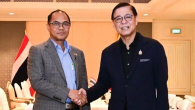 Thailand’s Foreign Minister Sihasak Phuangketkeow, right, shakes hands with his junta-appointed counterpart, Tin Maung Swe, in Bangkok on July 11, ahead of a meeting of ASEAN ministers in the Thai capital (Photo: Thailand’s Ministry of Foreign Affairs / AFP)