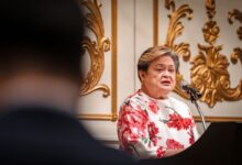 Philippines’ Foreign Secretary Maria Theresa P. Lazaro, ASEAN’s special envoy on Myanmar, speaks at a press conference in Bangkok on July 12 (Photo: AFP)