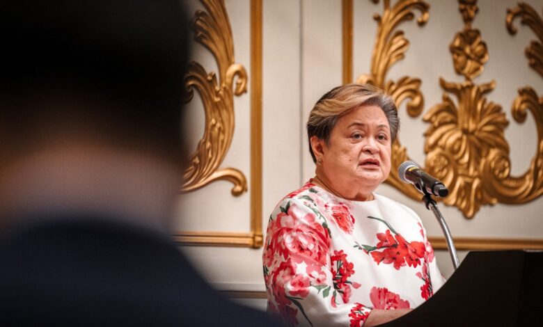 Philippines’ Foreign Secretary Maria Theresa P. Lazaro, ASEAN’s special envoy on Myanmar, speaks at a press conference in Bangkok on July 12 (Photo: AFP)