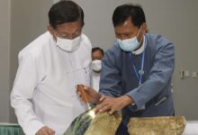 Junta leader Min Aung Hlaing at the Mani Yadana Jade and Pearl Emporium in Naypyitaw in 2021 (Photo: Ministry of Information)